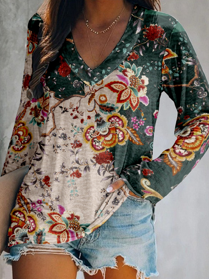 Vintage Long Sleeve V Neck Floral Loose Regular T-Shirt