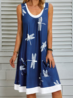 Casual Sleeveless Crew Neck Dragonfly Knee Length Short Dress