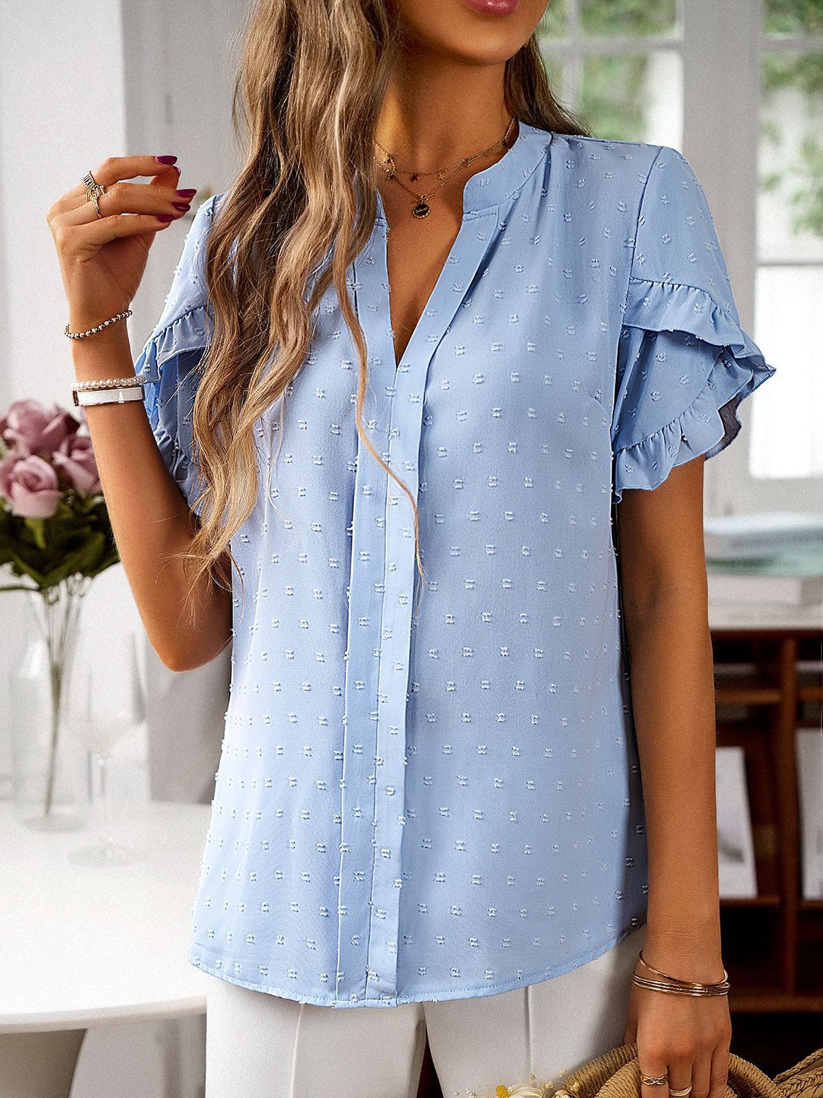 Loose Short Sleeve V Neck Plain Casual Regular Blouse