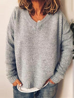 Loose Long Sleeve V Neck Plain Casual Regular Sweater