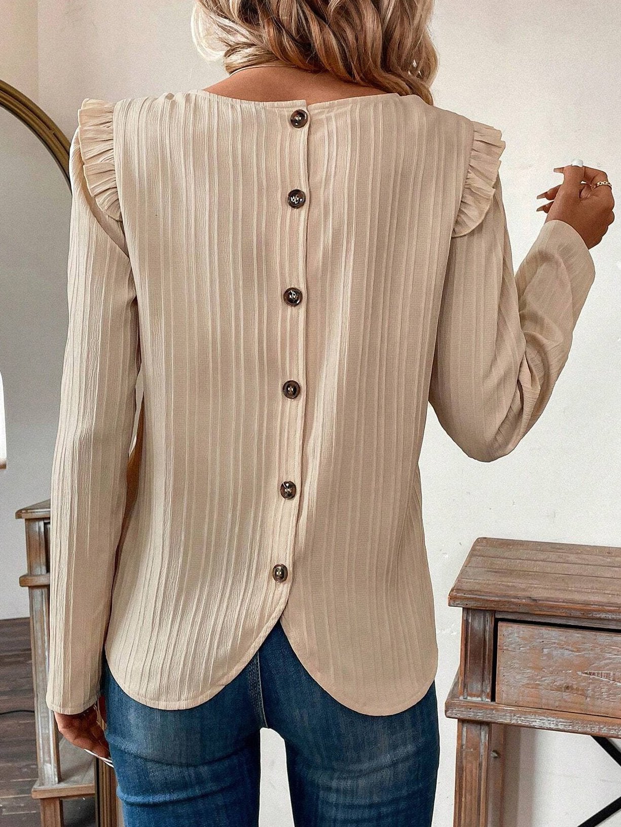 Loose Long Sleeve Crew Neck Plain Casual Regular Blouse