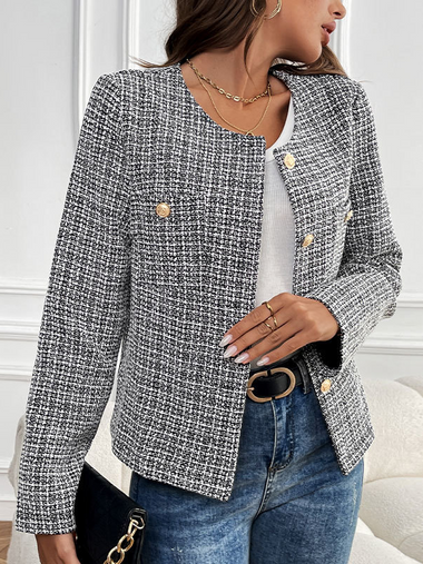 Crew Neck Long Sleeve Plaid Casual Regular Jacket