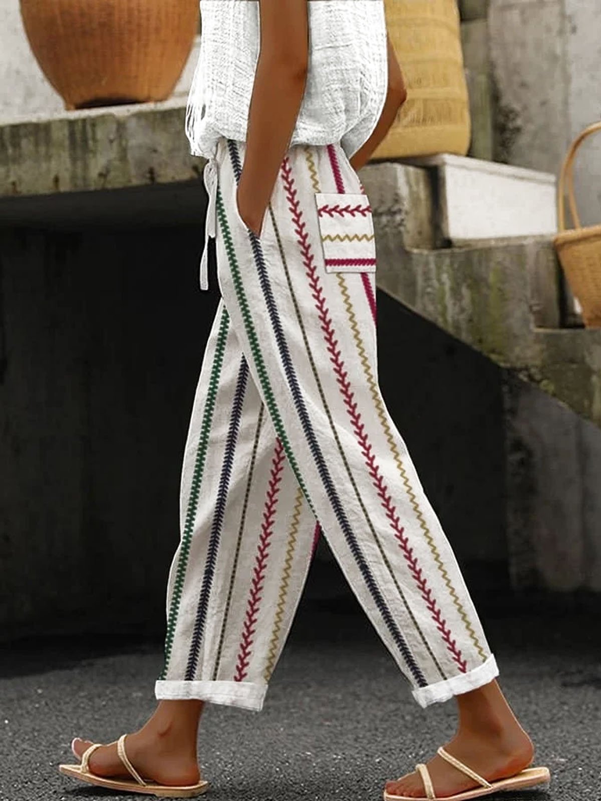 Casual Striped Pocket Stitching Loose Long Pants