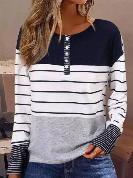 Casual Long Sleeve Crew Neck Striped Loose Regular Blouse