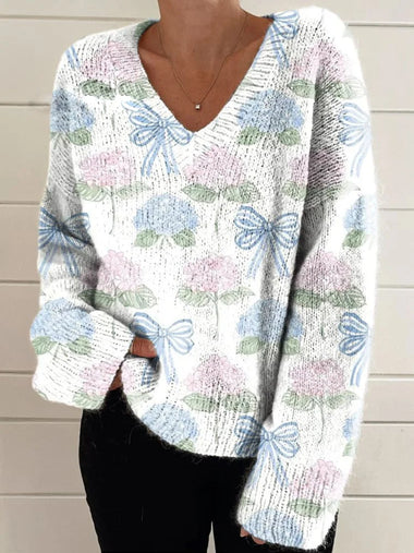 Casual Long Sleeve V Neck Floral Printing Loose Regular Blouse