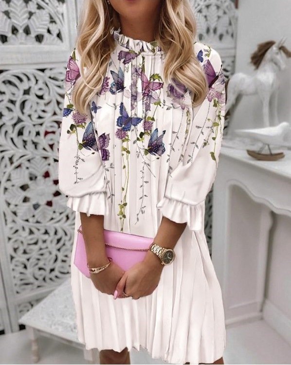 Casual Half Sleeve Stand Collar Ethnic Floral Mini Dress