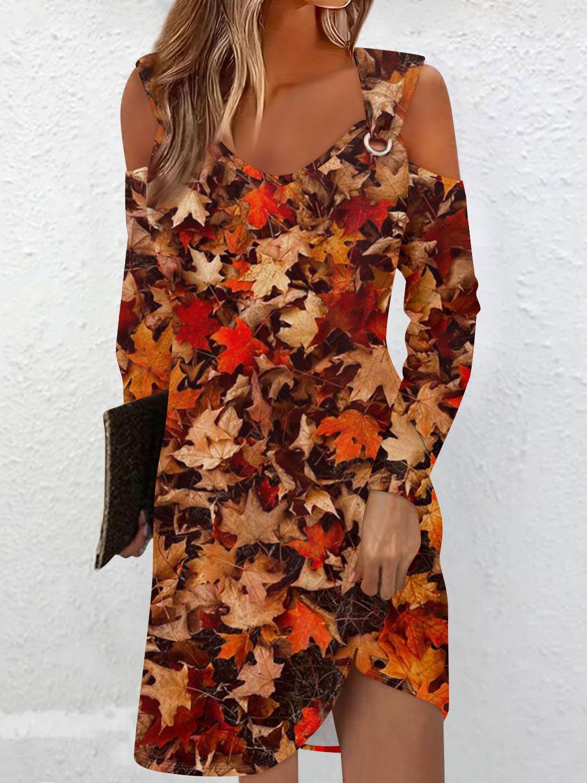 Casual Long Sleeve Cold Shoulder Maple Leaf Loose Short Dress