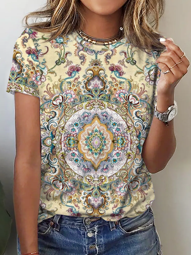 Loose Short Sleeve Crew Neck Ethnic Boho Regular T-Shirt