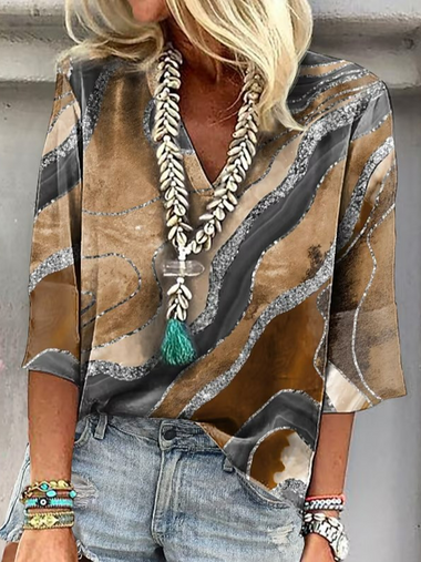 Casual Three Quarter Sleeve V Neck Ombre Loose Regular Blouse