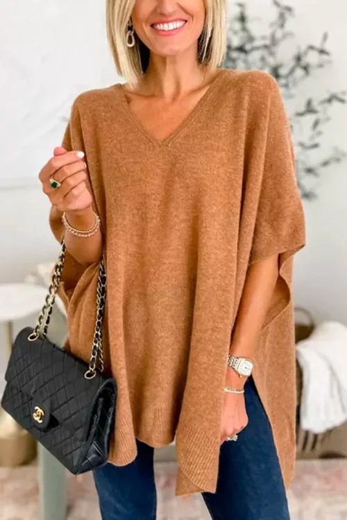 Loose Short Sleeve V Neck Plain Casual Regular Sweater