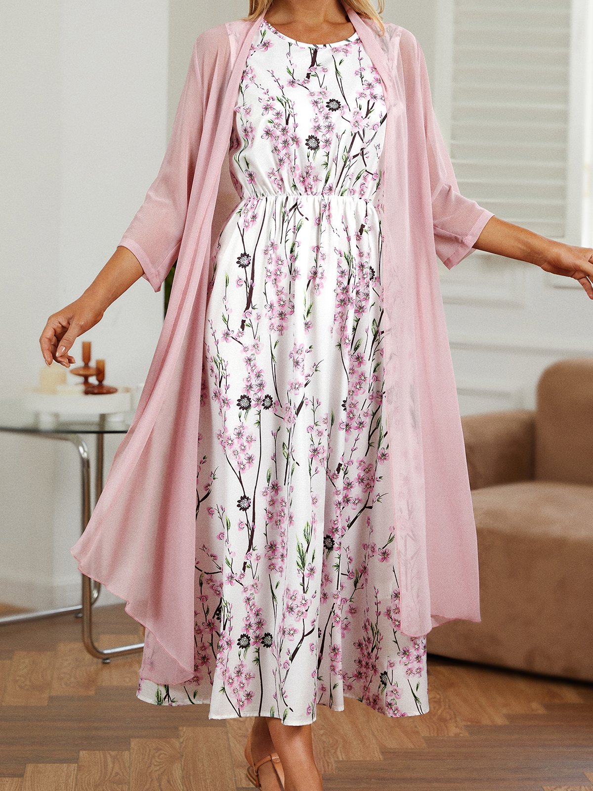 Casual Three Quarter Sleeve Crew Neck Floral Loose Maxi Dress