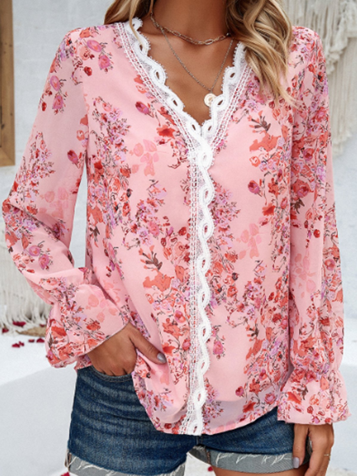 Long Sleeve V Neck Floral Casual Regular Blouse