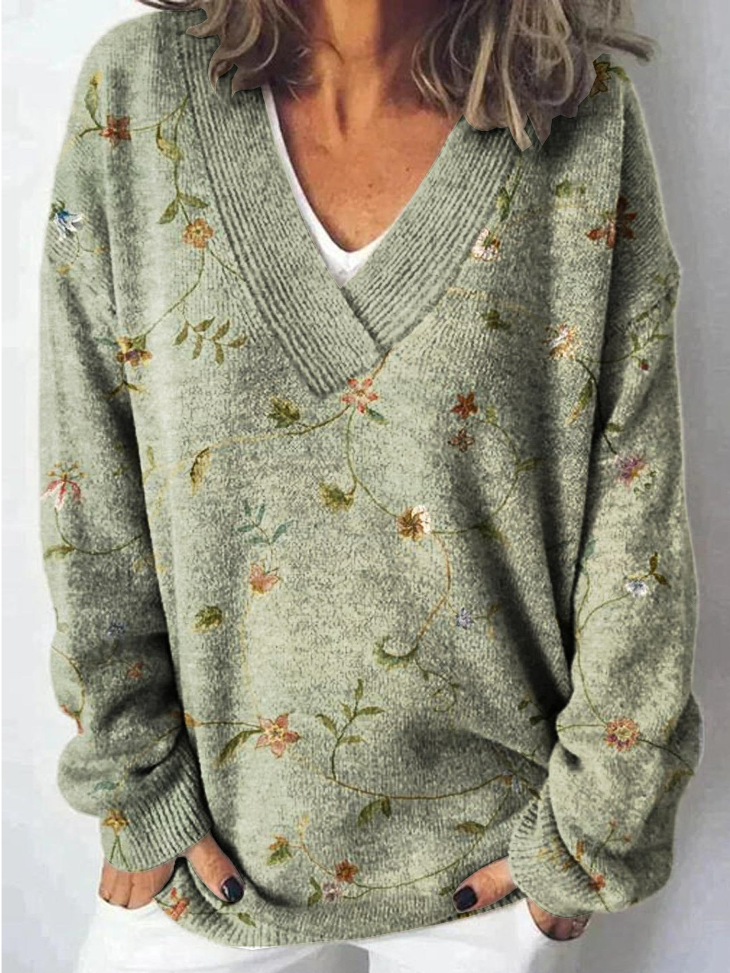 Loose Long Sleeve V Neck Floral Casual Regular Sweater