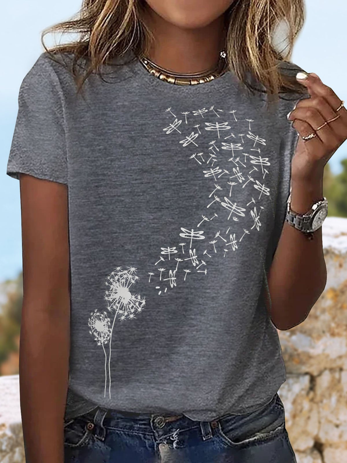 Casual Short Sleeve Crew Neck Dandelion Loose Regular T-Shirt