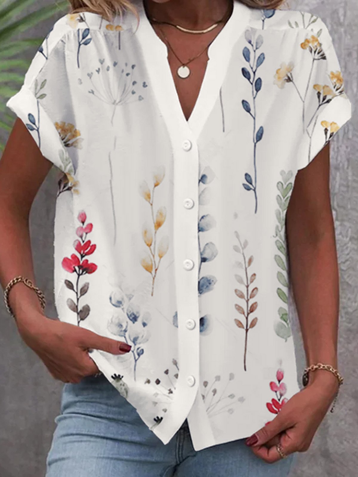 Casual Short Sleeve V Neck Floral Loose Regular Blouse