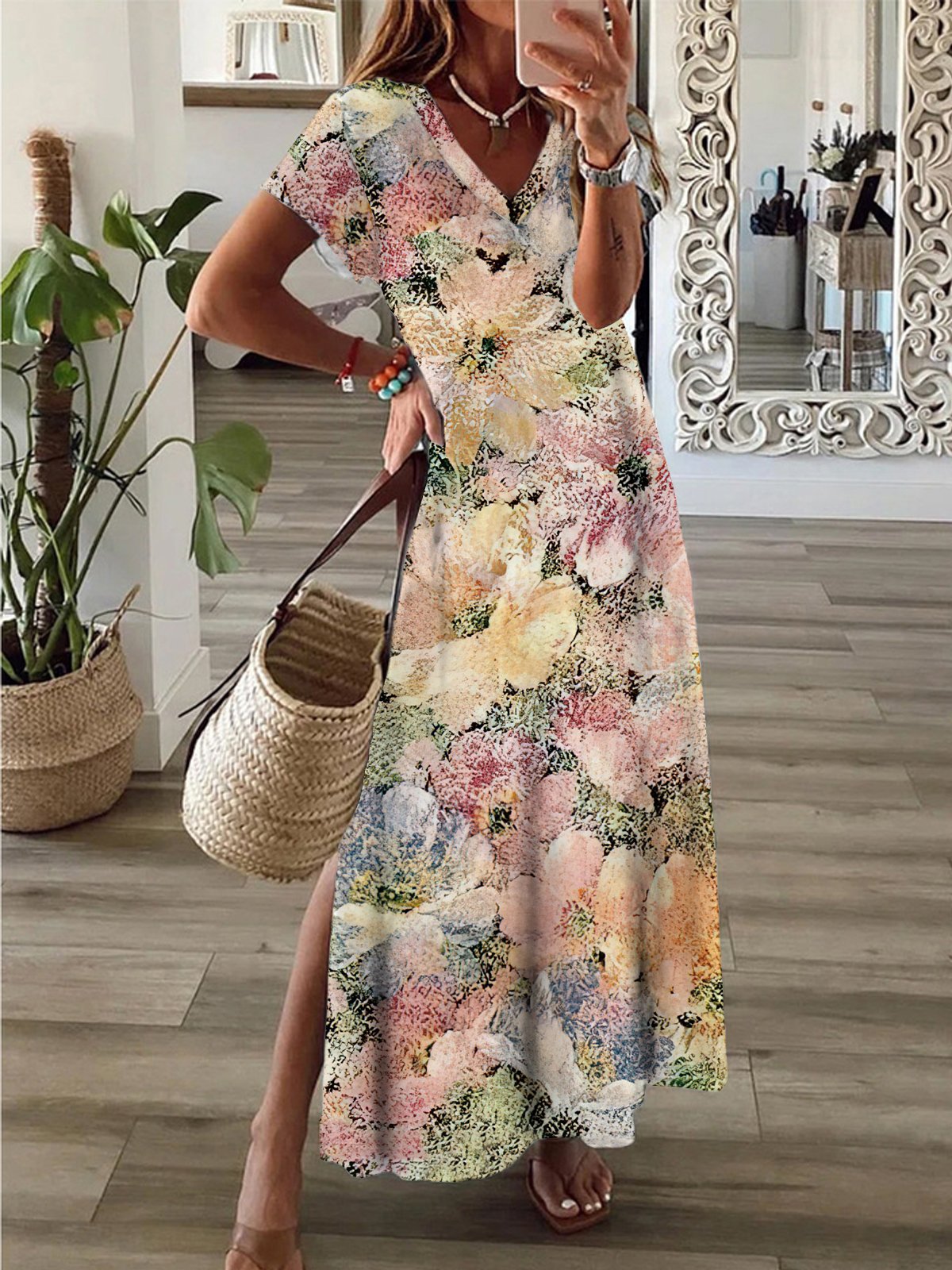 Casual Short Sleeve V Neck Floral Loose Maxi Dress