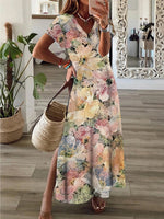 Casual Short Sleeve V Neck Floral Loose Maxi Dress