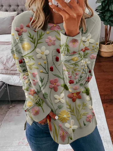 Casual Long Sleeve Crew Neck Floral Zipper Loose Regular Sweatshirt