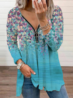 Casual Long Sleeve V Neck Floral Zipper Loose Mid-Long Blouse