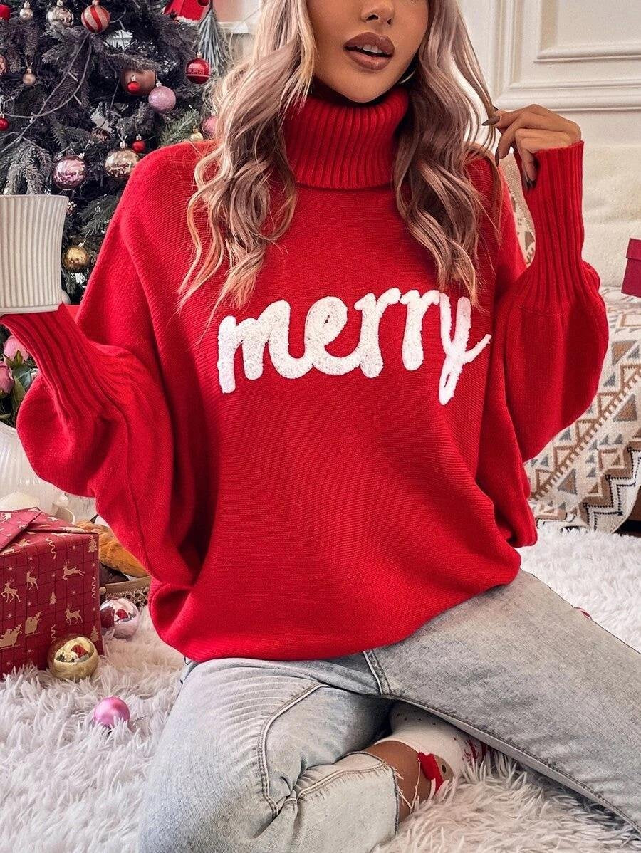 Loose Long Sleeve Turtleneck Text Letters Casual Regular Sweater