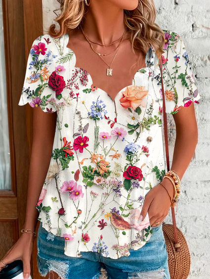 Casual Short Sleeve V Neck Floral Loose Regular T-Shirt