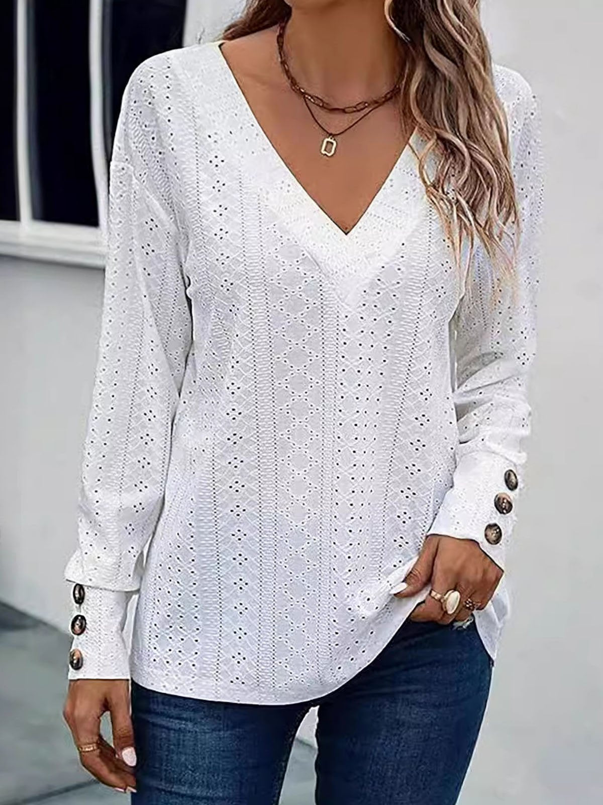 Loose Long Sleeve V Neck Plain Casual Mid-Long T-Shirt