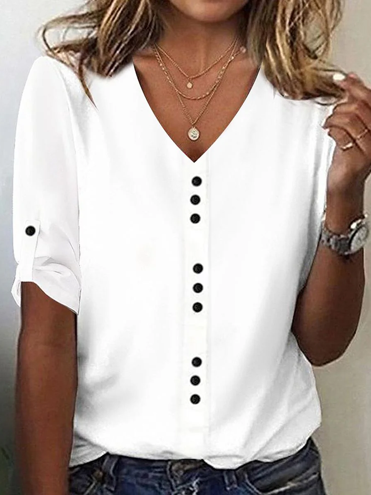 Loose Half Sleeve V Neck Plain Casual Regular T-Shirt