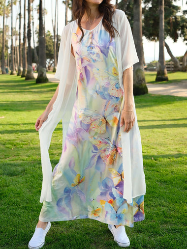 Casual Three Quarter Sleeve Crew Neck Floral Loose Maxi Dress