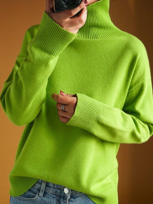 Casual Long Sleeve Turtleneck Plain Loose Mid-Long Sweater