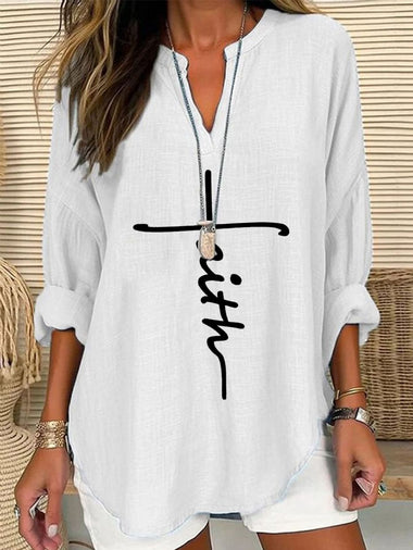 Casual Three Quarter Sleeve Notched Letter Pattern Loose Regular Blouse