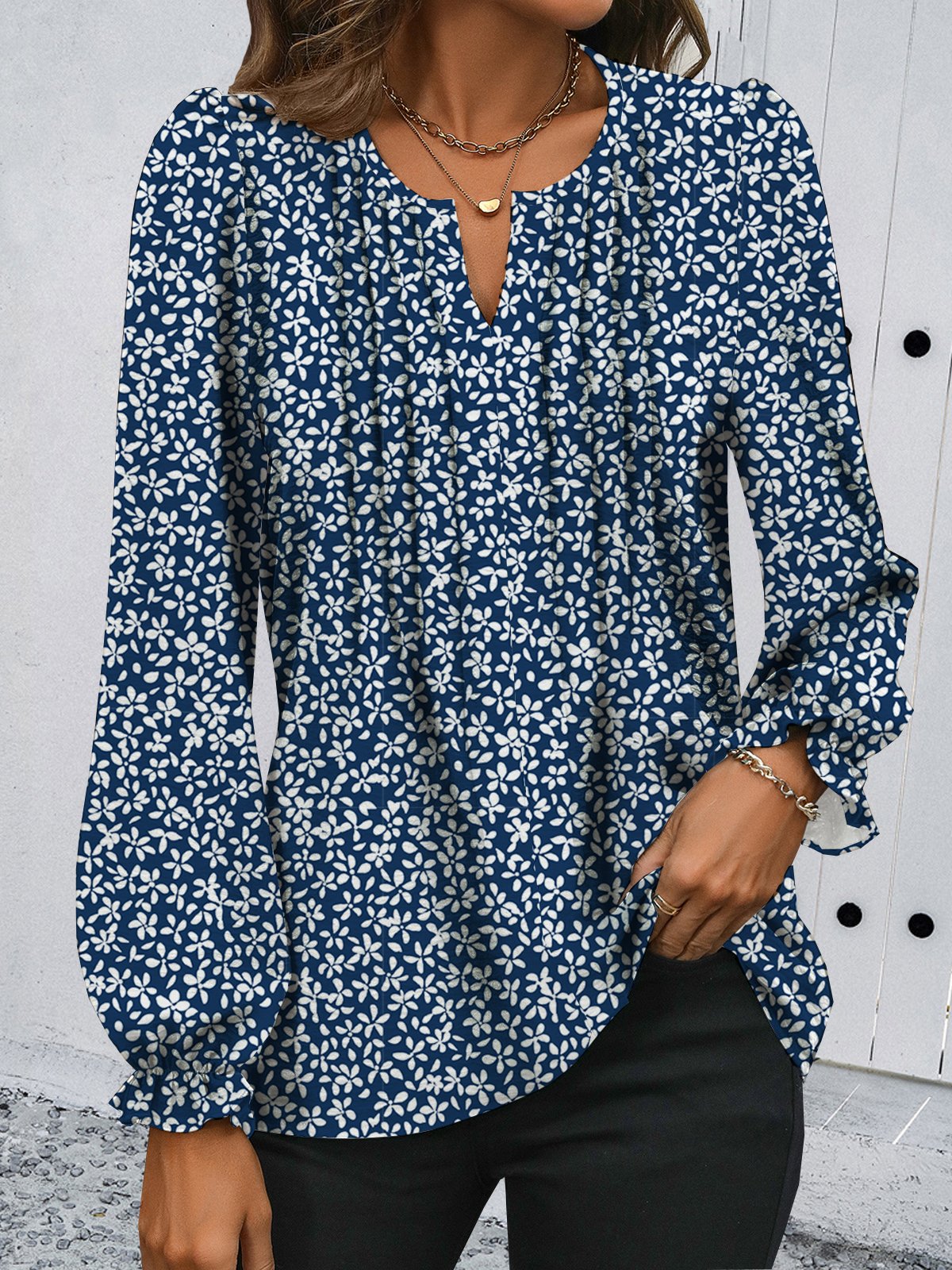 Casual Long Sleeve Notched Floral Loose Regular Blouse