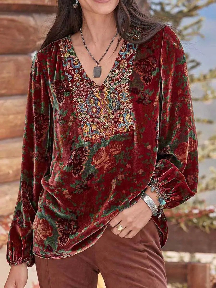 Casual Long Sleeve V Neck Ethnic Loose Regular Blouse