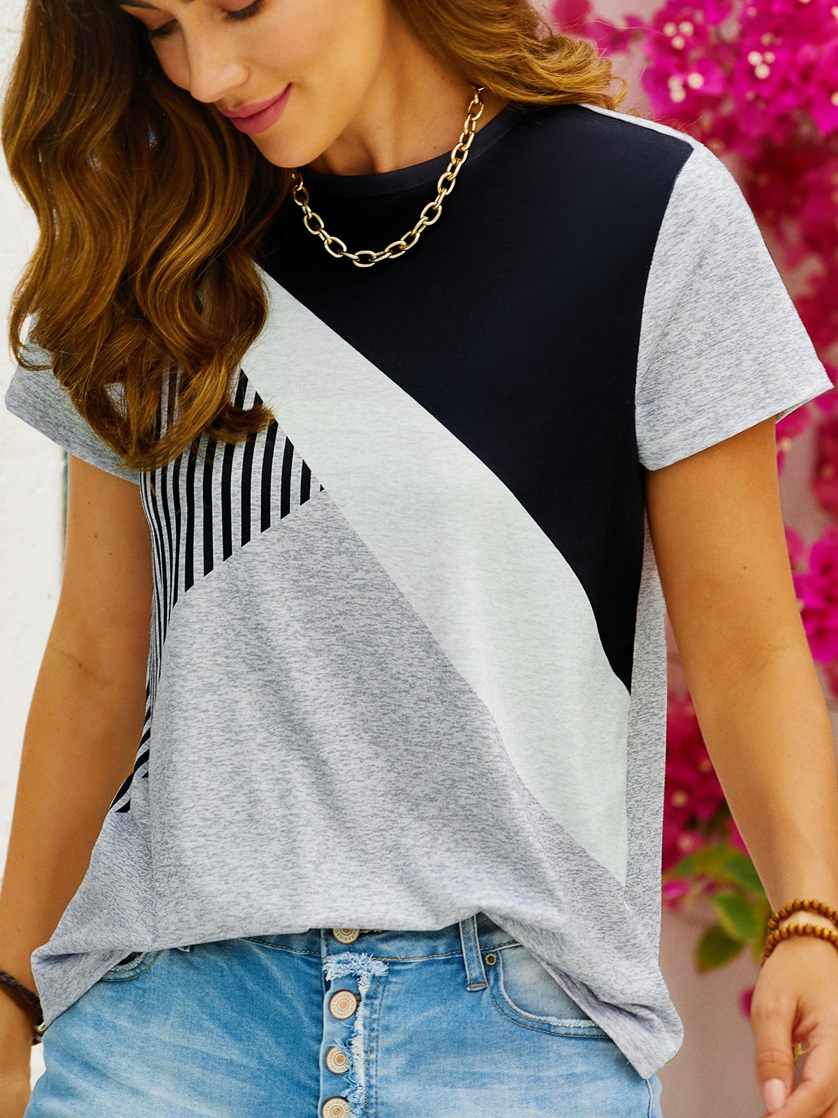 Casual Short Sleeve Crew Neck Striped Split Joint Loose Regular T-Shirt