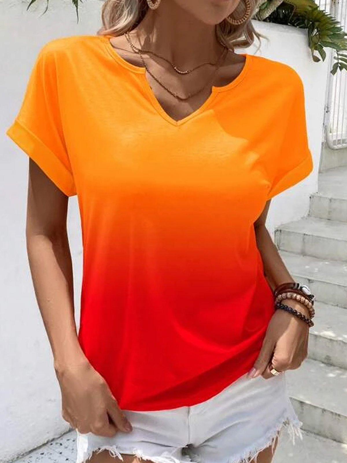 Casual Short Sleeve Notched Ombre Loose Mid-Long Blouse