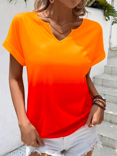 Casual Short Sleeve Notched Ombre Loose Mid-Long Blouse