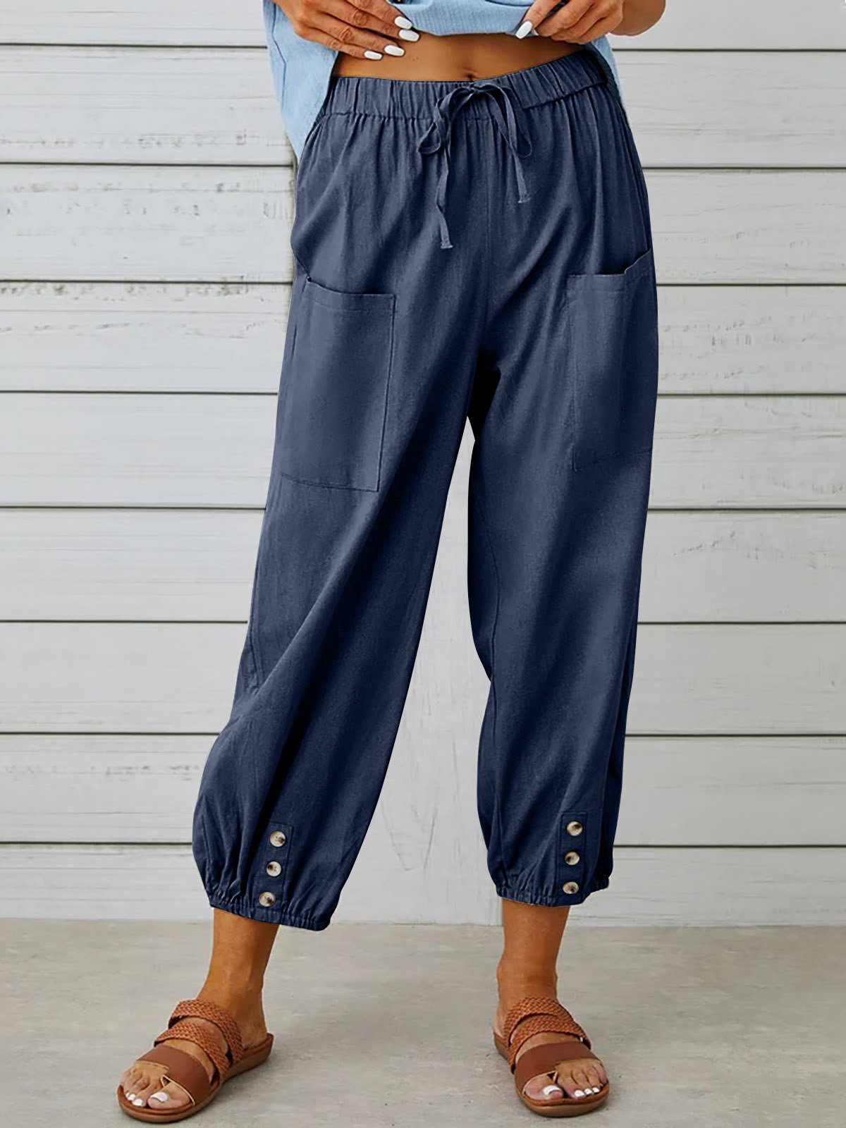 Plus Size Casual Plain Buckle Loose Ankle Pants