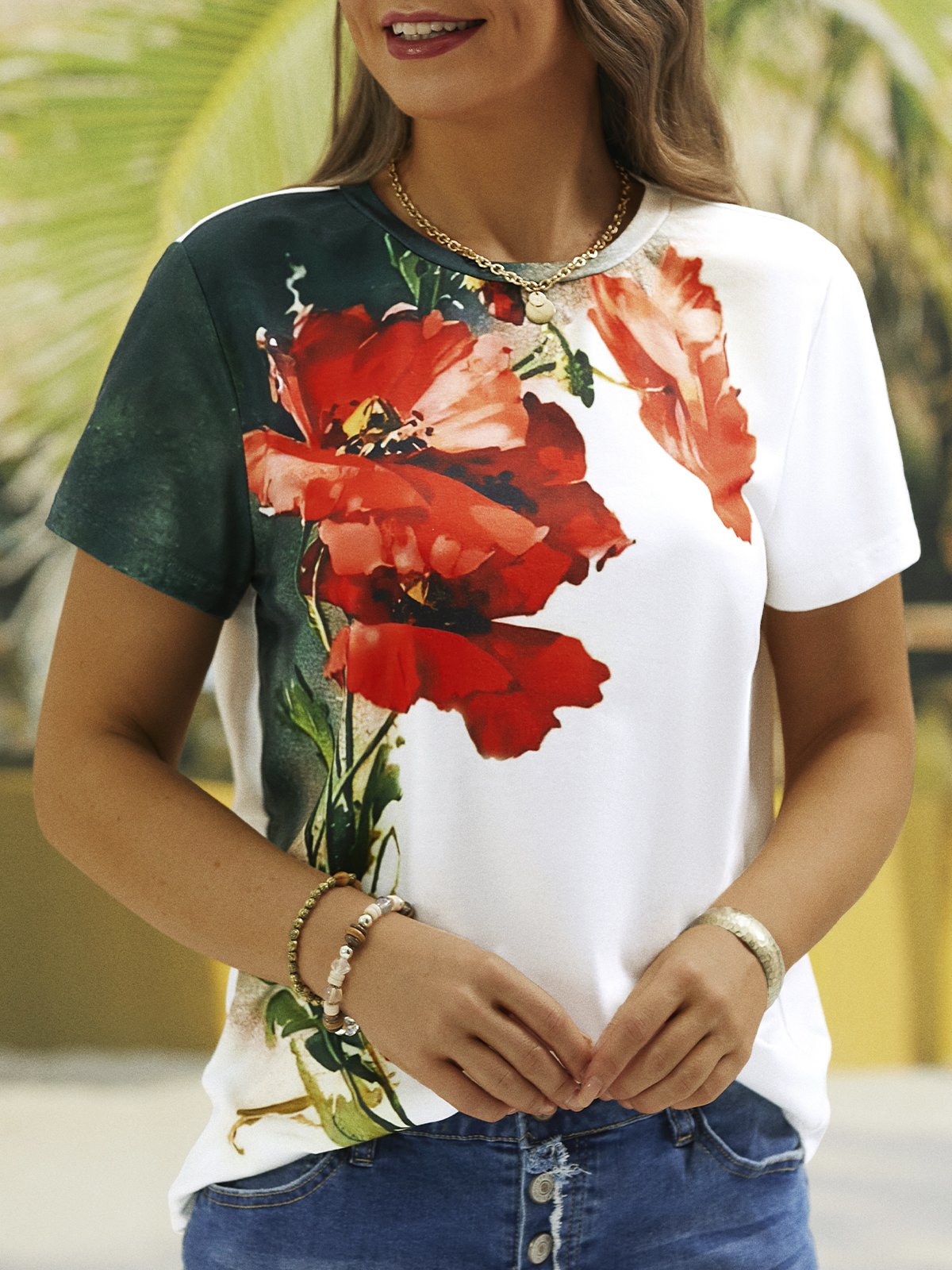 Casual Short Sleeve Crew Neck Floral Regular T-Shirt