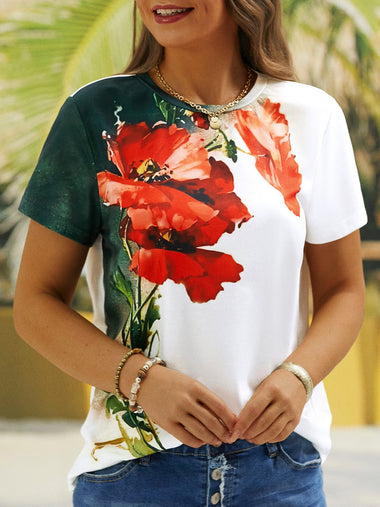 Casual Short Sleeve Crew Neck Floral Regular T-Shirt