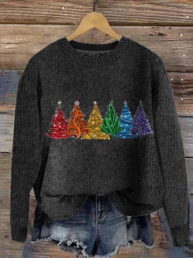 Loose Long Sleeve Crew Neck Christmas Tree Simple Regular Sweater