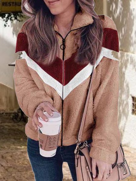 Loose Long Sleeve Color Block Casual Regular Jacket