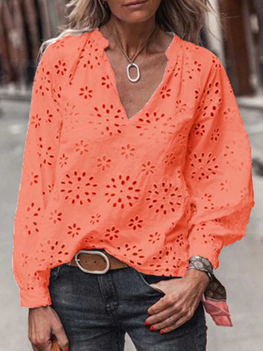 Loose Long Sleeve V Neck Patchwork Hollow Out Casual Regular Blouse