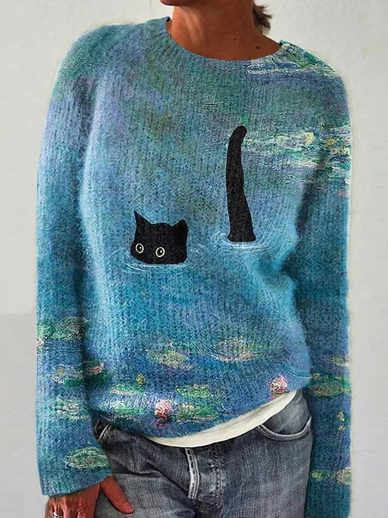 Simple Long Sleeve Crew Neck Cat Printing Loose Regular Sweater