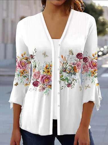 Loose V Neck Three Quarter Sleeve Floral Casual Regular Kimono