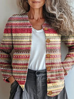 Loose Long Sleeve Striped Ethnic Mid-Long Cardigan