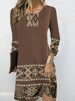 Vintage Long Sleeve Crew Neck Ethnic Loose Short Dress