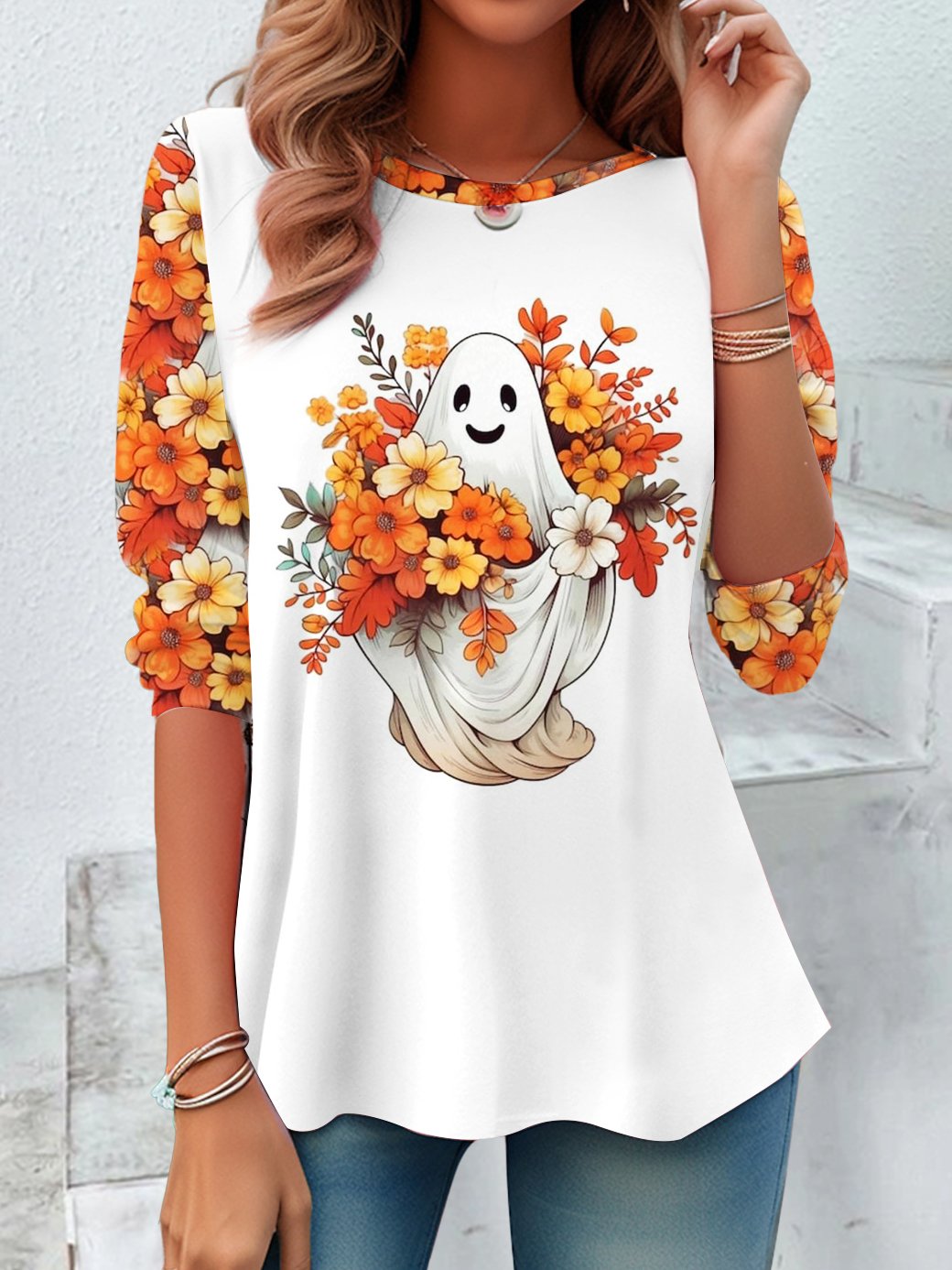 Vintage Long Sleeve Crew Neck Floral Halloween Loose Regular Blouse