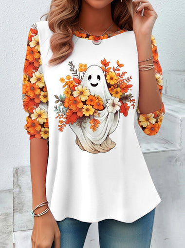 Vintage Long Sleeve Crew Neck Floral Halloween Loose Regular Blouse