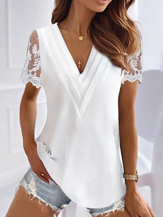 Loose Short Sleeve V Neck Plain Casual Regular Blouse