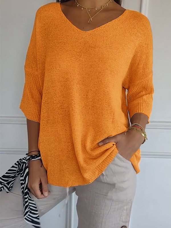 Casual Three Quarter Sleeve V Neck Plain Loose Regular Sweater