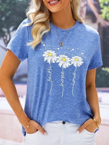 Casual Short Sleeve Crew Neck Floral Text Letters Loose Regular T-Shirt